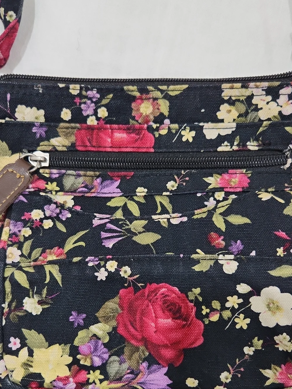Floral Crossbody Bag - Black with Red Rose Print